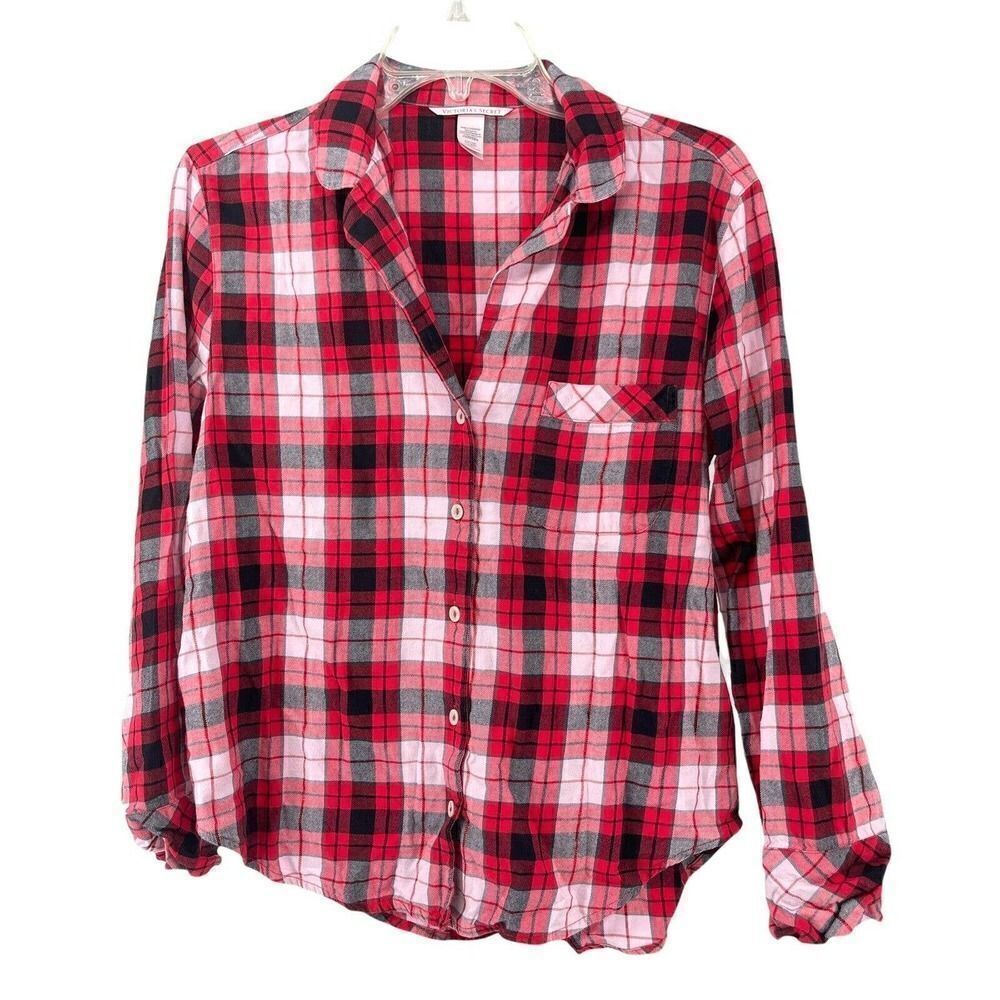Victorias Secret Flannel Pajama Top Red Plaid Womens Small Long Sleeve Button Up